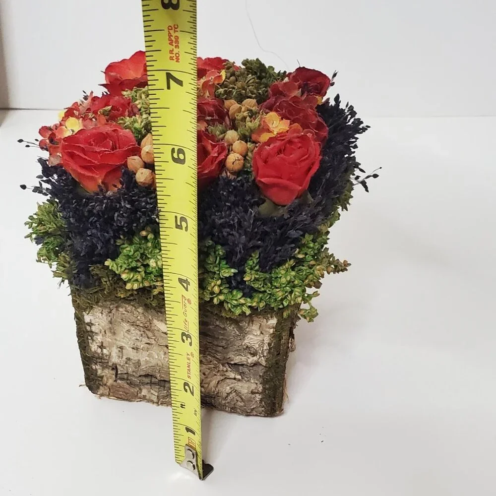 Faux Red Roses & Flowers in tree trunk arrangement home decor (New without box)
